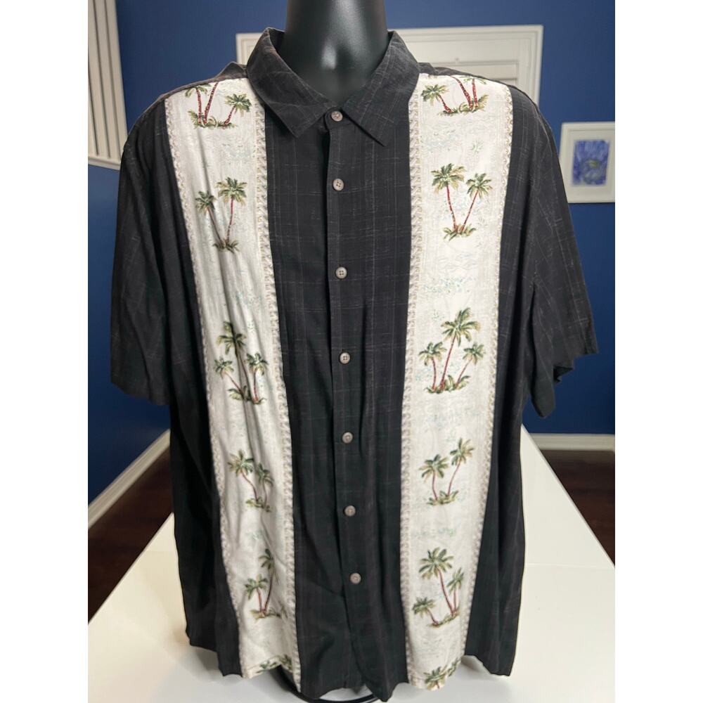 Campia Moda Men 2XL Hawaiian Shirt Black Palm Tree Embroidered Button Down Rayon